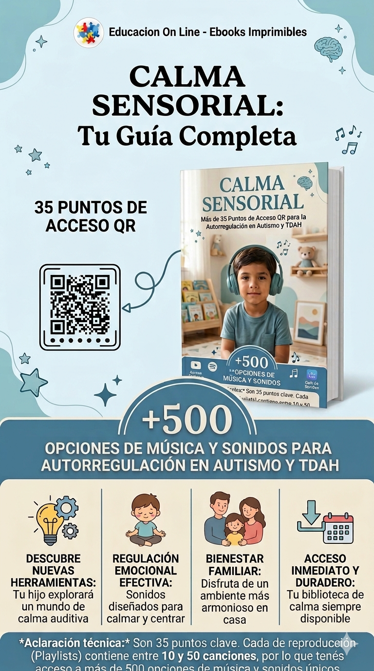 Musica en Calma (+ de 500 recursos auditivos) + 6 Bonos: 2 Cuadernillos Imprimibles TEA con + 500 actividades + Guía de Alimentación Consciente + MEGA PACK: TEA + TDAH + LENGUAJE + CONDUCTA